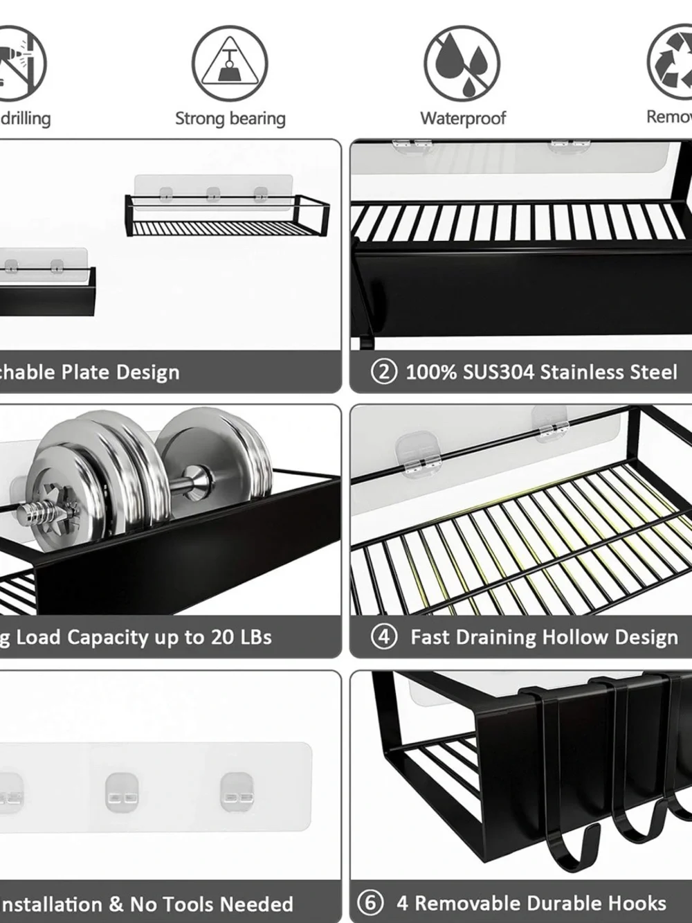 ROSEYAT Black Stainless Steel Wall Shelf with Hooks - Home Wall Decor Display
